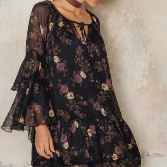 🌸 Free People Black Sheer Floral Ruffle Dress w/ Slip | Tie Neck Boho Romantic - Picture 1 of 14